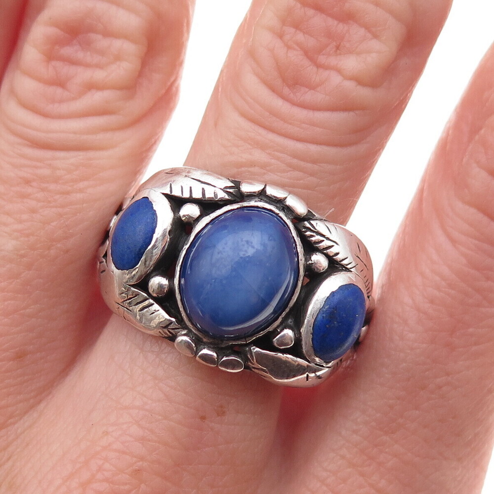 925 Sterling Antique Art Deco Lab-Created Sapphire Real Lapis Ring Size 12.75